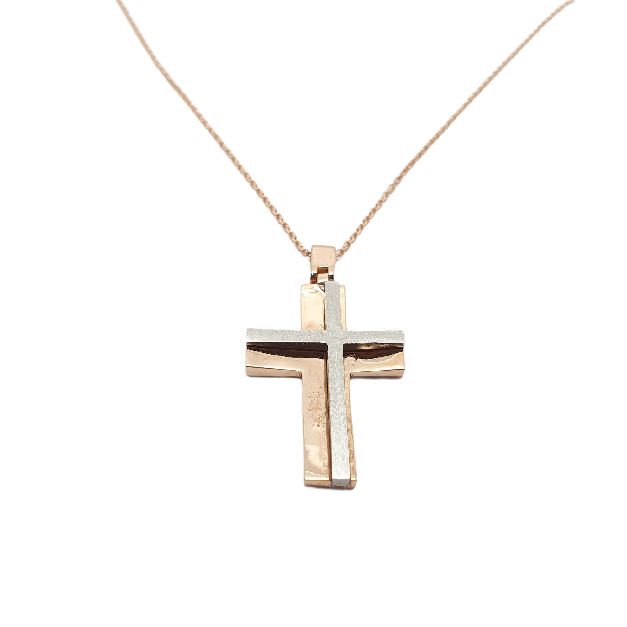Σταυρός (με αλυσίδα) απο ροζ χρυσό k14 με ενσωματωμένο λευκόχρυσο ματ σταυρό (code P1731)